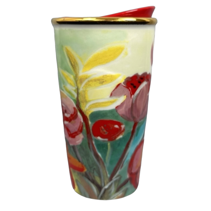 Watercolor Floral With Gold Rim And Red Lid 10oz Tumbler Starbucks