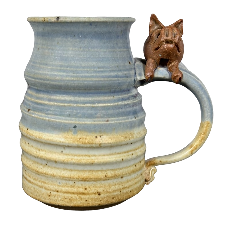 Pig On Handle Signed 3D Ridged Pottery Mug