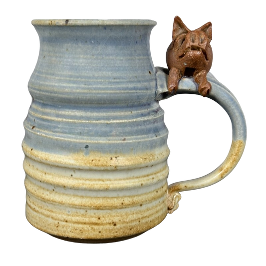 Pig On Handle Signed 3D Ridged Pottery Mug