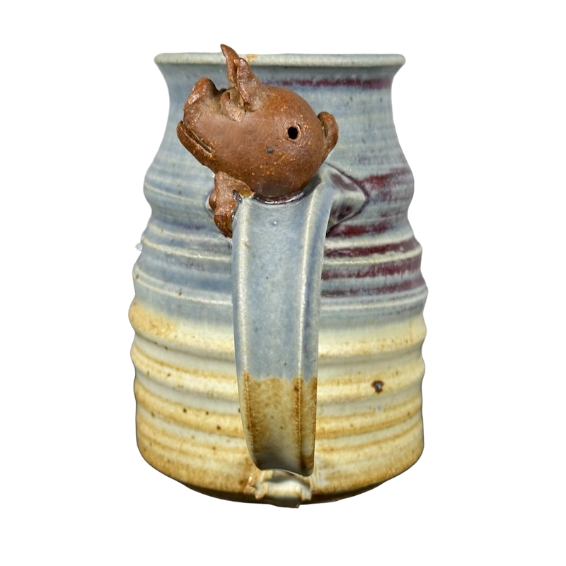 Pig On Handle Signed 3D Ridged Pottery Mug