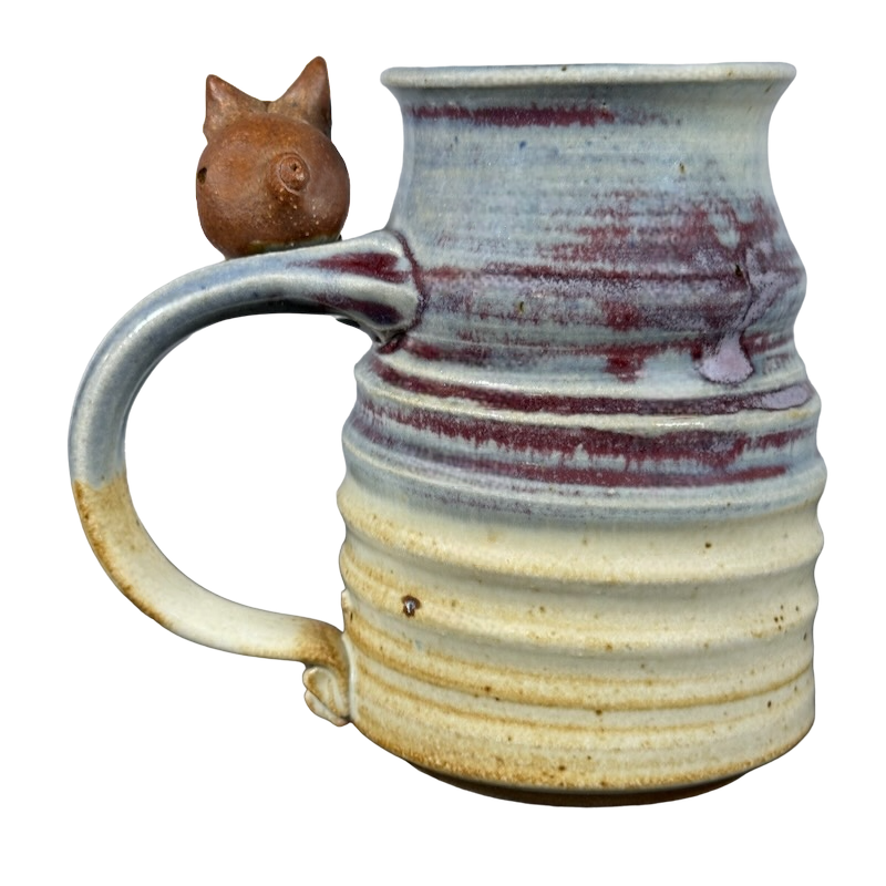 Pig On Handle Signed 3D Ridged Pottery Mug