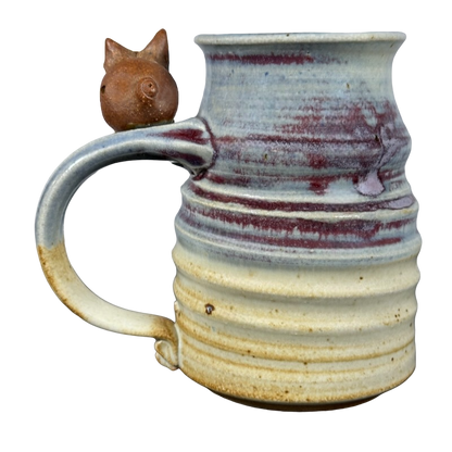 Pig On Handle Signed 3D Ridged Pottery Mug