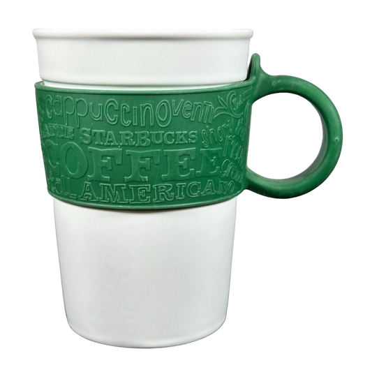 Embossed Coffee Words Green Rubber Sleeve And Handle 12oz Mug 2008 Starbucks