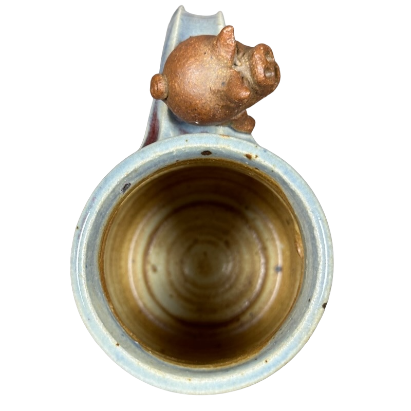 Pig On Handle Signed 3D Ridged Pottery Mug