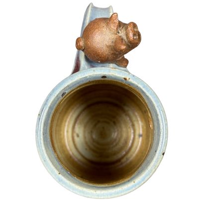 Pig On Handle Signed 3D Ridged Pottery Mug