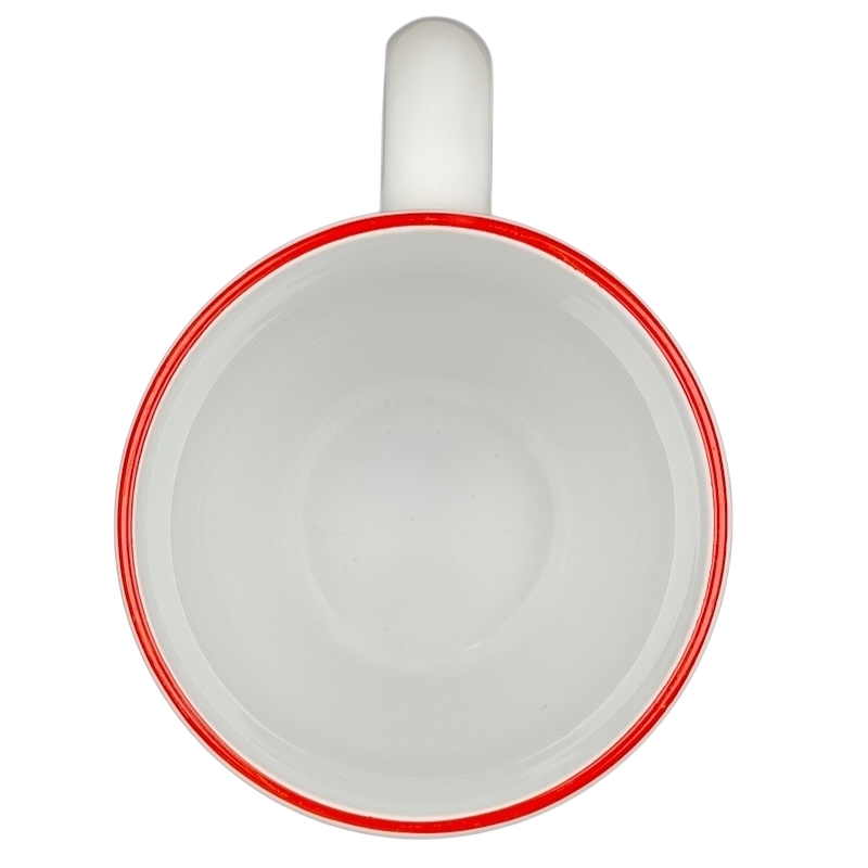 Top view of M Ware Carlo's Bake Shop collectible mug featuring a white interior and red rim