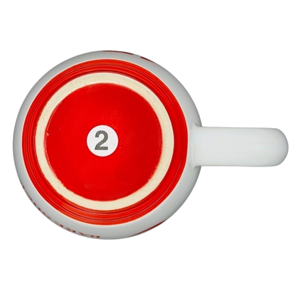 Top view of M Ware Carlo's Bake Shop collectible mug with red and white design