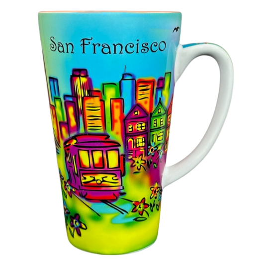 San Francisco Skyline Cable Car And Golden Gate Bridge Neon Colors Tall Mug