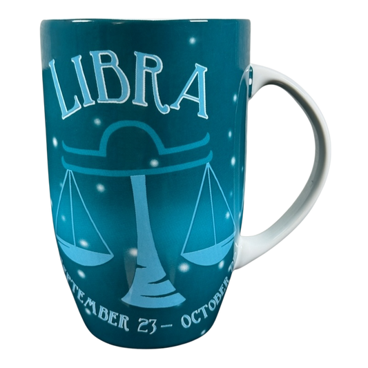 Teal ceramic mug with LIBRA text and scales graphic September 23 to October 22 Coventry Libra zodiac astrology vintage mug