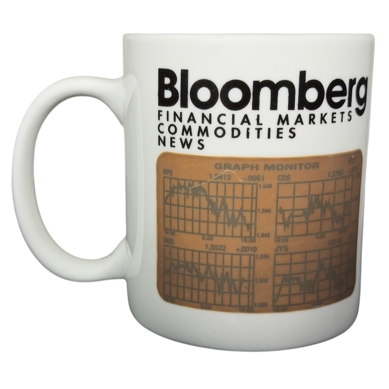 Bloomberg heat changing vintage mug featuring financial market graphs and data design