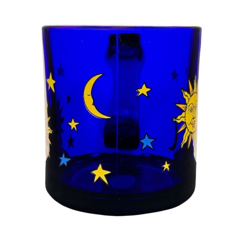 Celestial Sun Moon Stars Cobalt Blue Glass Mug Libbey