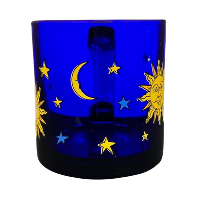 Celestial Sun Moon Stars Cobalt Blue Glass Mug Libbey
