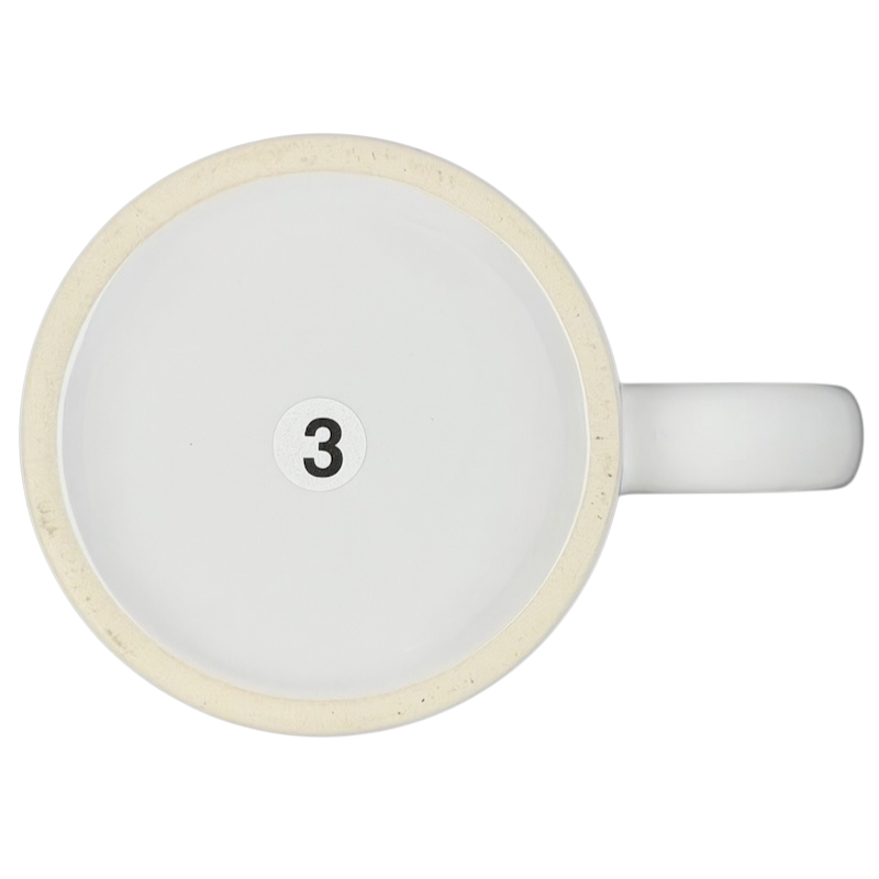 Bottom view of Giftco A Hundred Years From Now mug featuring a minimalist design and number three label