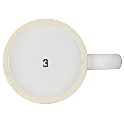 Bottom view of Giftco A Hundred Years From Now mug featuring a minimalist design and number three label
