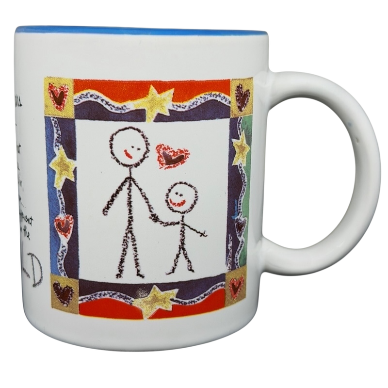 A Hundred Years From Now mug with colorful heart and star artwork featuring a family illustration