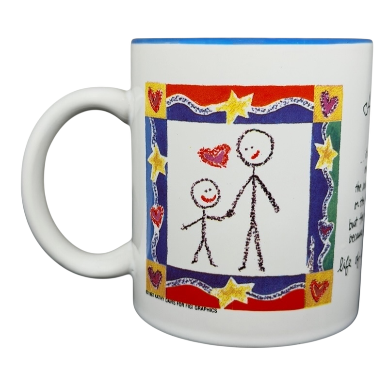 Colorful A Hundred Years From Now mug featuring childlike drawings of a parent and child holding hands