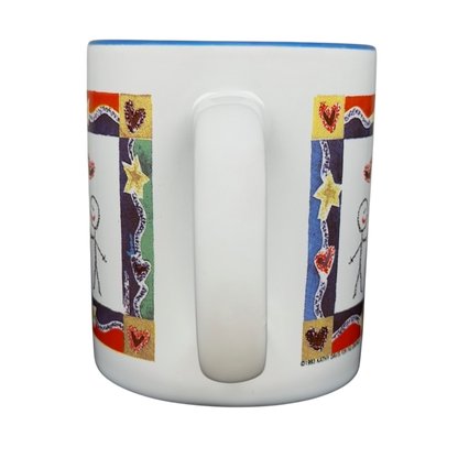 A Hundred Years From Now mug with colorful stick figure design and heart embellishments