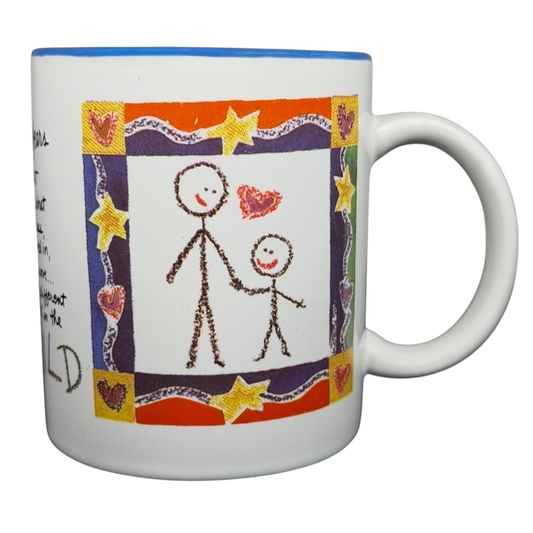 A Hundred Years From Now mug with colorful stick figure design and heartfelt message