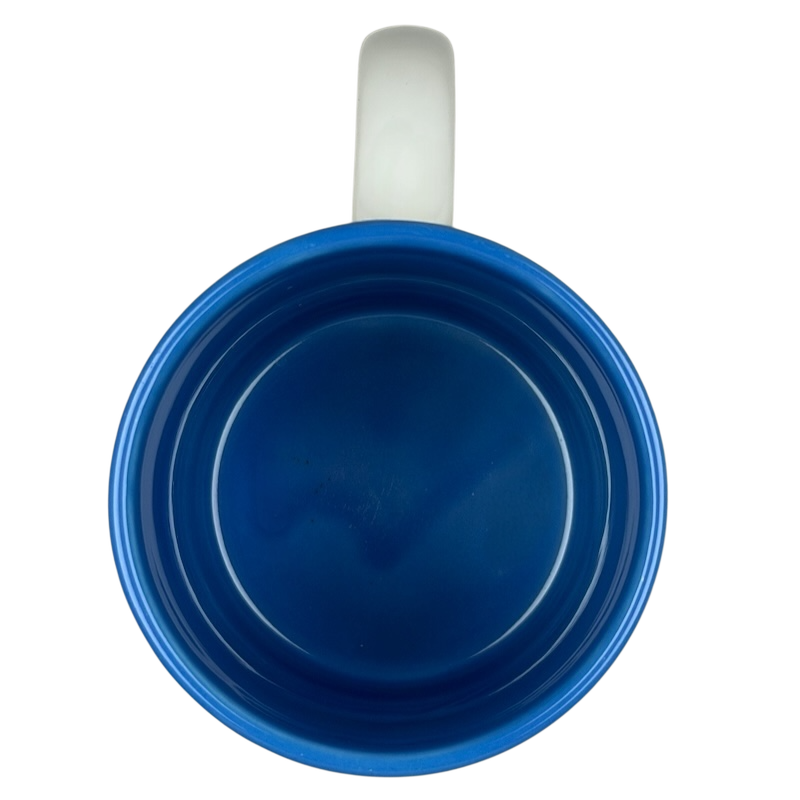 Top view of A Hundred Years From Now mug in blue, perfect for coffee or tea lovers