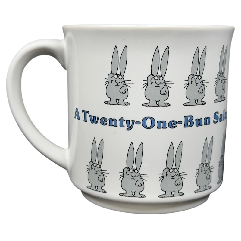 A Twenty One Bun Salute Sandra Boynton Mug featuring cute cartoon rabbits in a fun design