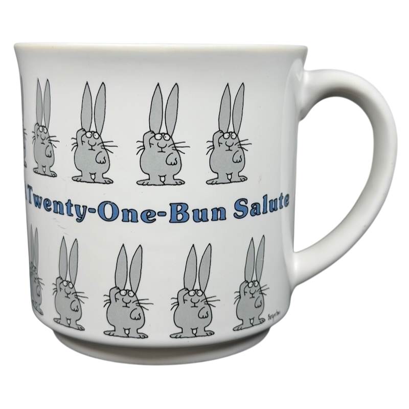 A Twenty One Bun Salute Sandra Boynton Mug featuring cute bunny illustrations in gray