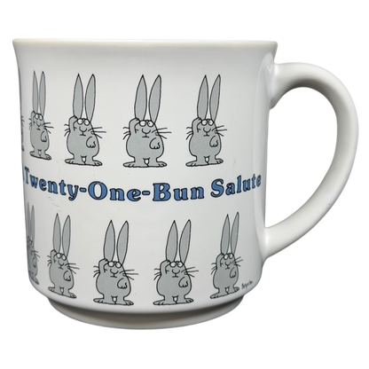 A Twenty One Bun Salute Sandra Boynton Mug featuring cute bunny illustrations in gray