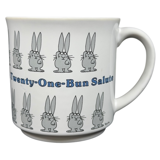 A Twenty One Bun Salute Sandra Boynton Mug featuring cute bunny illustrations in gray
