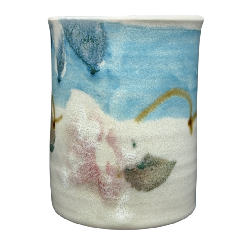 Abstract Pastel Landscape Signed Pottery Mug with soft colors and artistic design
