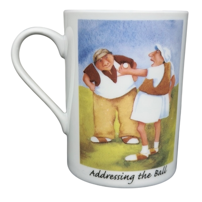 Addressing The Ball Golf Erika Oller Mug featuring two cartoon golfers in a humorous scene