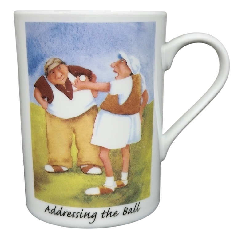 Addressing The Ball Golf Erika Oller Mug featuring humorous golf cartoon design