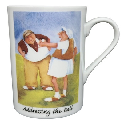 Addressing The Ball Golf Erika Oller Mug featuring humorous golf cartoon design