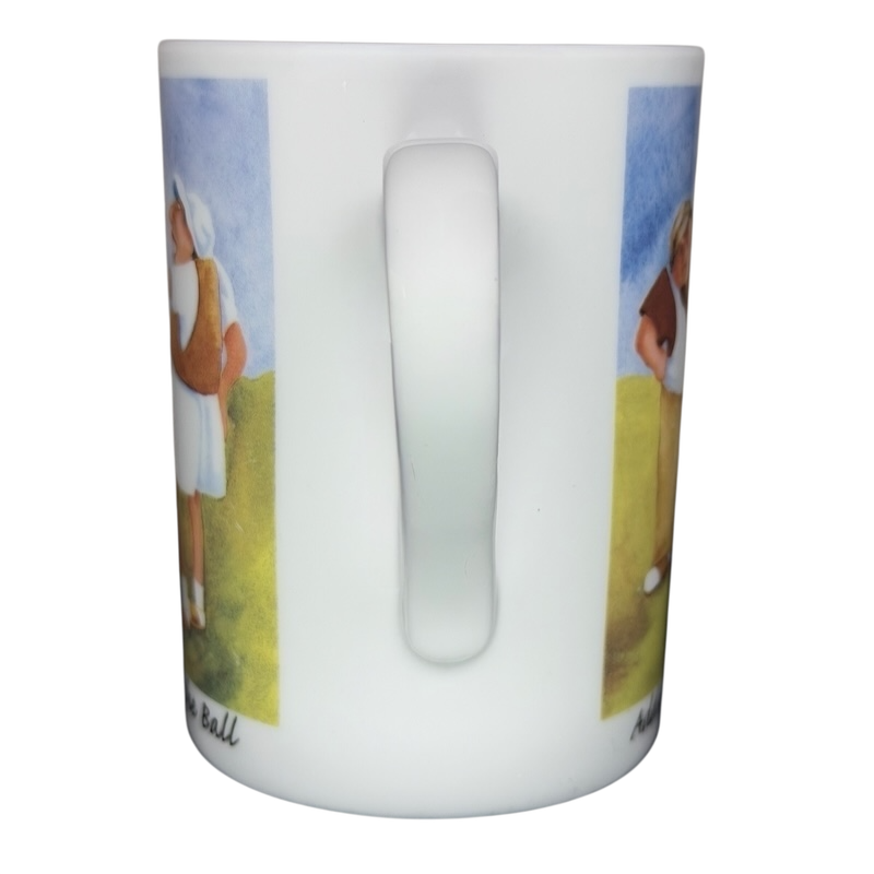 Addressing The Ball Golf Erika Oller Mug with colorful golfing illustrations on both sides