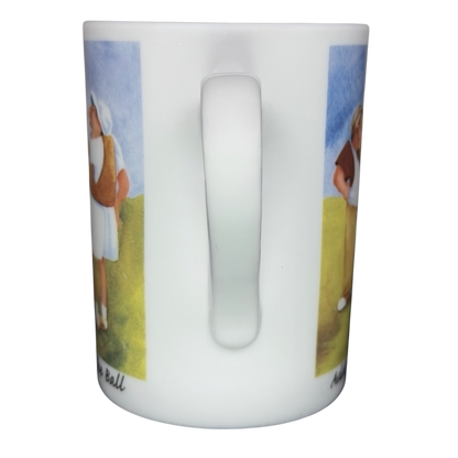 Addressing The Ball Golf Erika Oller Mug with colorful golfing illustrations on both sides