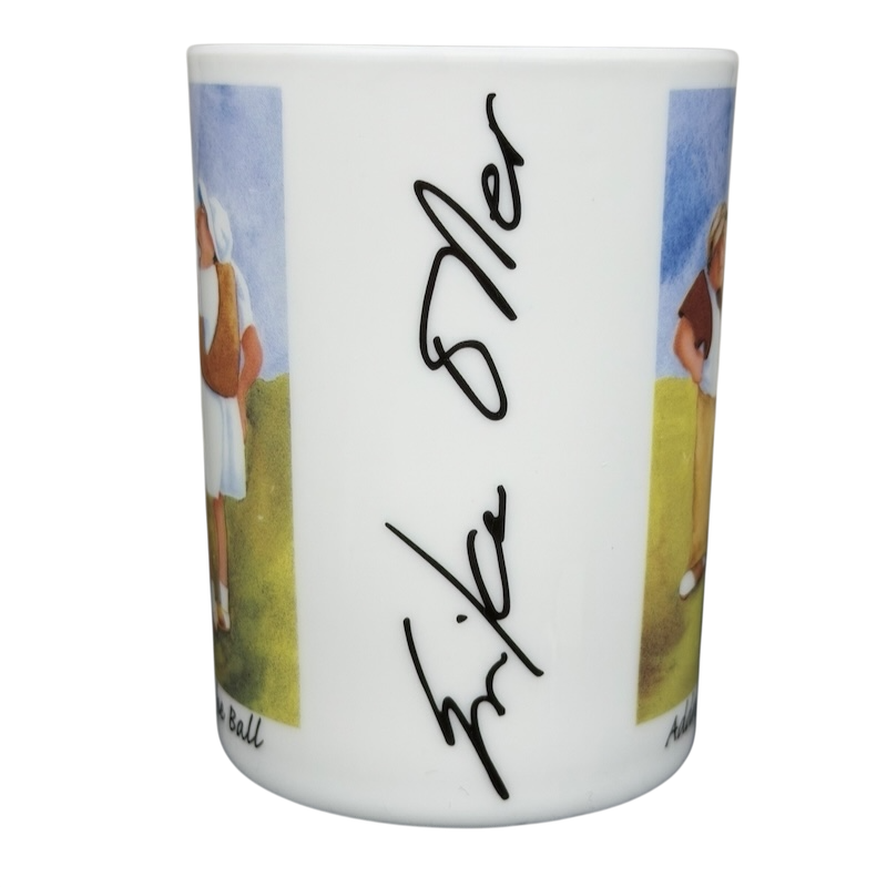 Addressing The Ball Golf Erika Oller Mug featuring vibrant golfer illustrations and signature