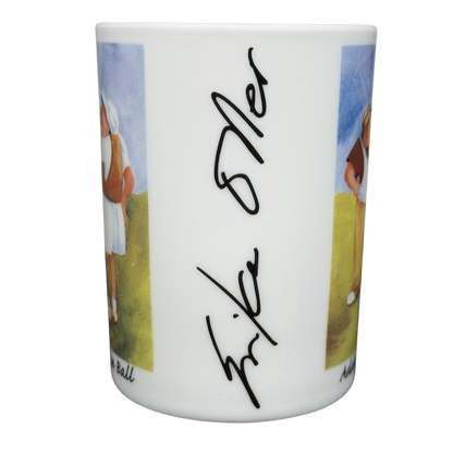 Addressing The Ball Golf Erika Oller Mug featuring vibrant golfer illustrations and signature