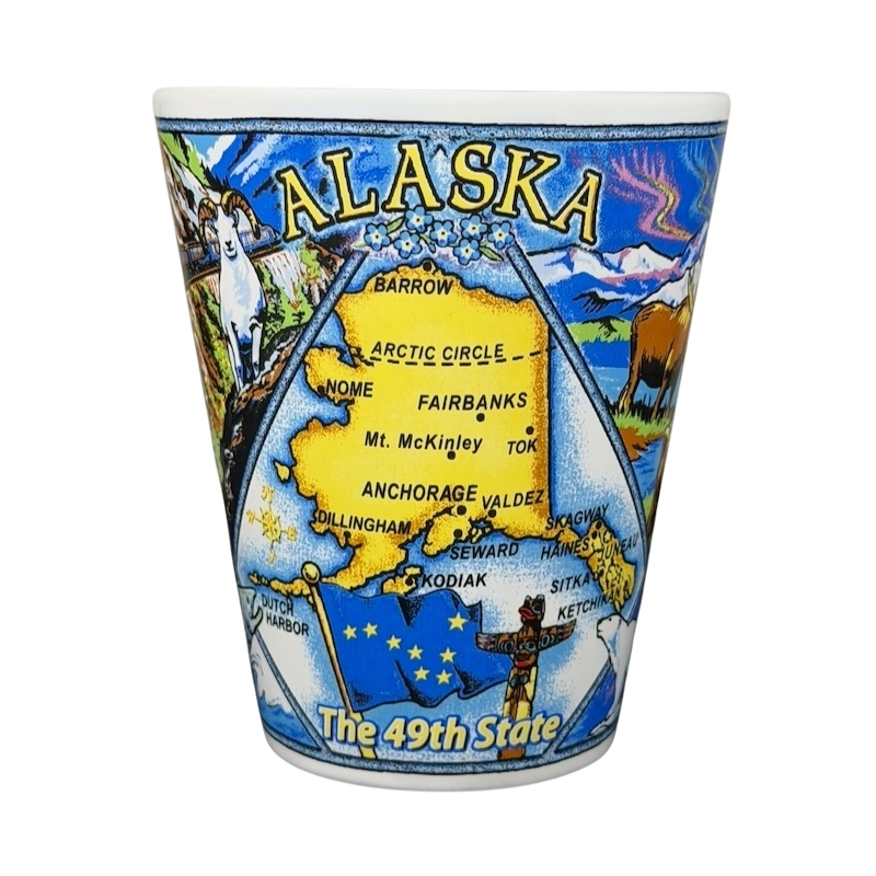 Alaska 49th State Wildlife Scenic mug depicting a colorful map of Alaska with wildlife illustrations