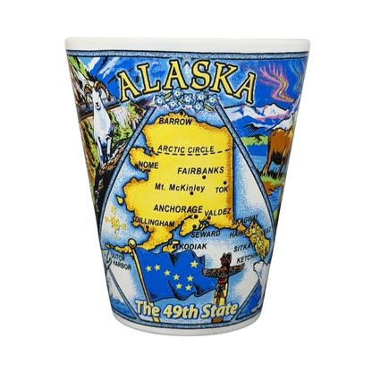 Alaska 49th State Wildlife Scenic mug depicting a colorful map of Alaska with wildlife illustrations
