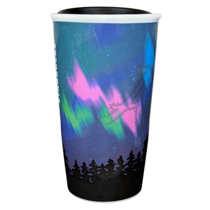 Alaska Northern Lights Starbucks tumbler featuring vibrant aurora borealis design and black silhouette trees