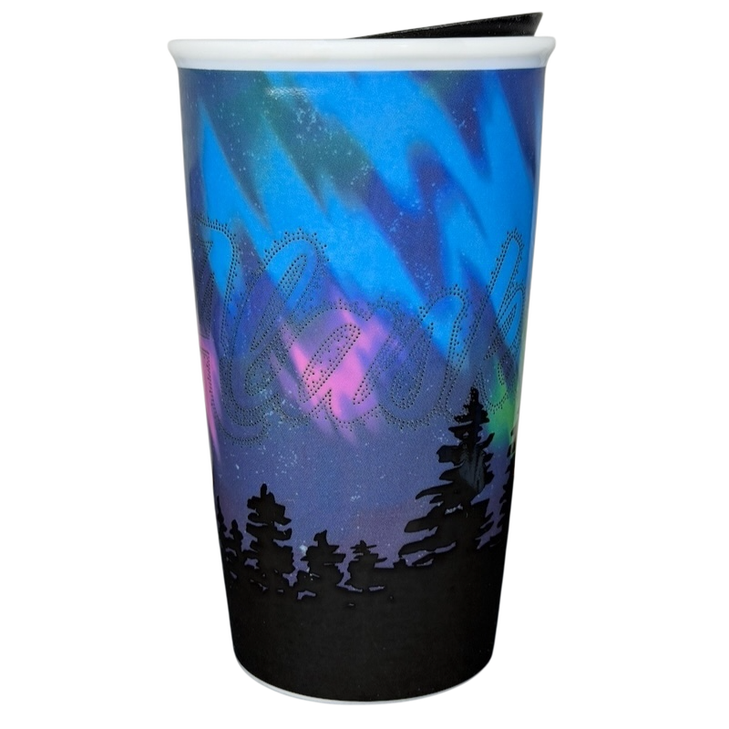 Alaska Northern Lights Starbucks tumbler featuring a vibrant aurora design and silhouette of pine trees
