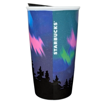 Alaska Northern Lights Starbucks tumbler featuring vibrant colors and silhouette design