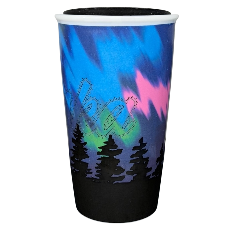 Alaska Northern Lights Starbucks tumbler featuring a vibrant Aurora Borealis design and silhouette of pine trees