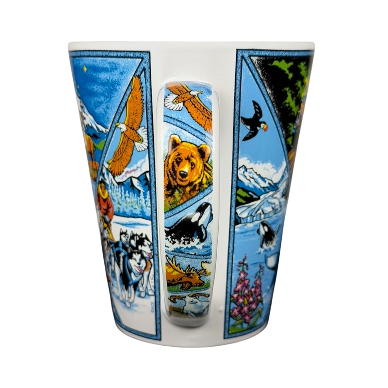 Alaska Wildlife Landmark Collage Mug featuring colorful wildlife illustrations and scenic landscapes