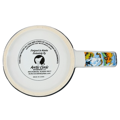 Bottom view of Alaska Wildlife Landmark Collage Mug featuring intricate designs and production details
