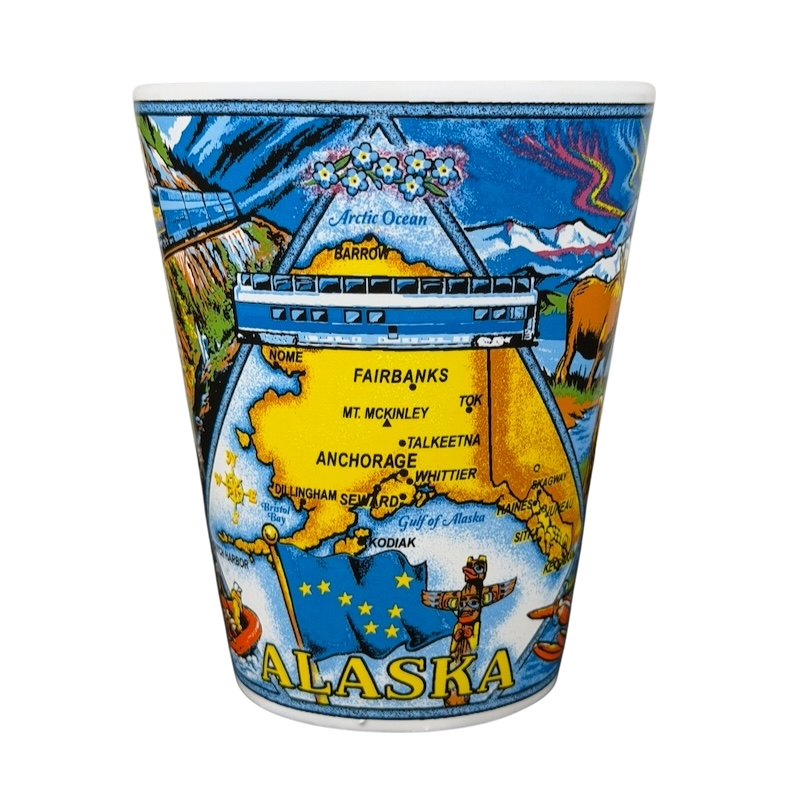 Alaska Wildlife Landmark Collage Mug featuring colorful illustrations of Alaskan landscapes and cities