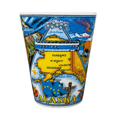 Alaska Wildlife Landmark Collage Mug featuring colorful illustrations of Alaskan landscapes and cities