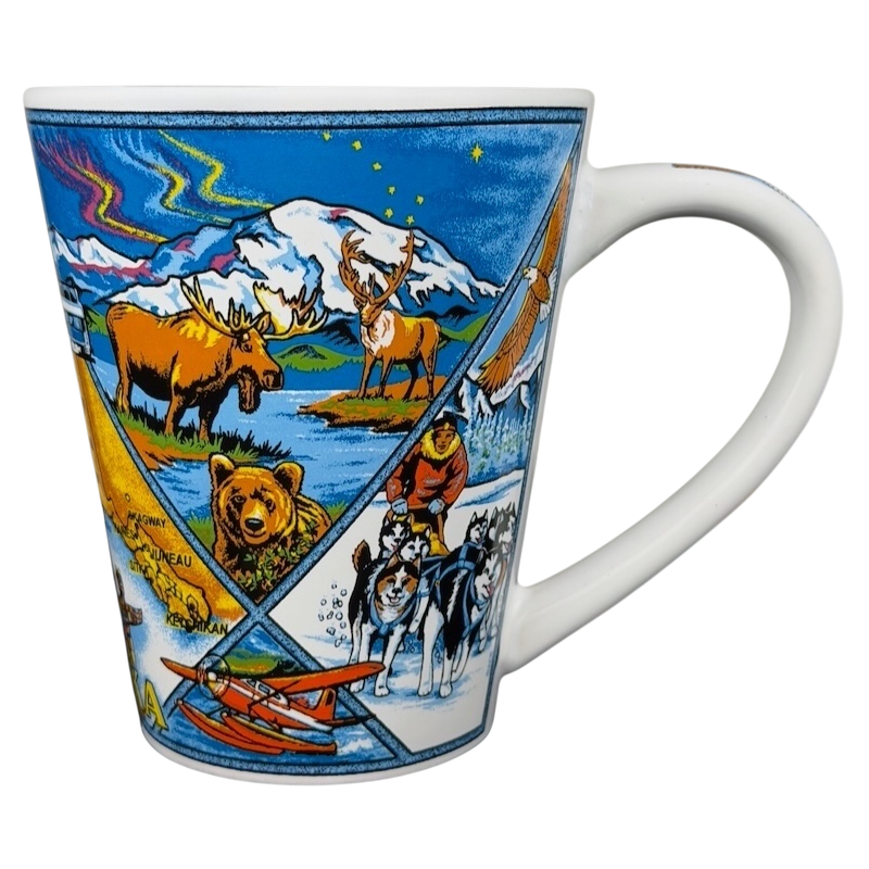 Colorful Alaska Wildlife Landmark Collage Mug featuring iconic animals and landscapes from Alaska