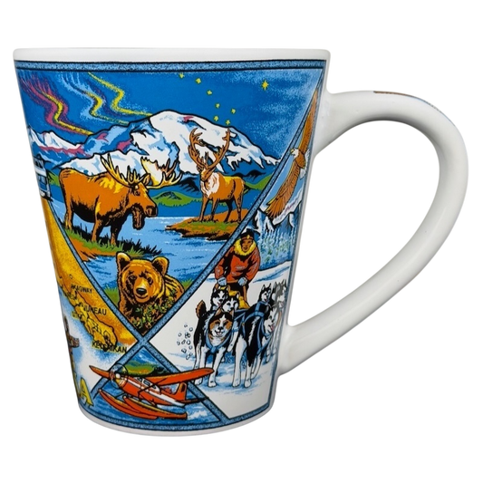 Colorful Alaska Wildlife Landmark Collage Mug featuring iconic animals and landscapes from Alaska