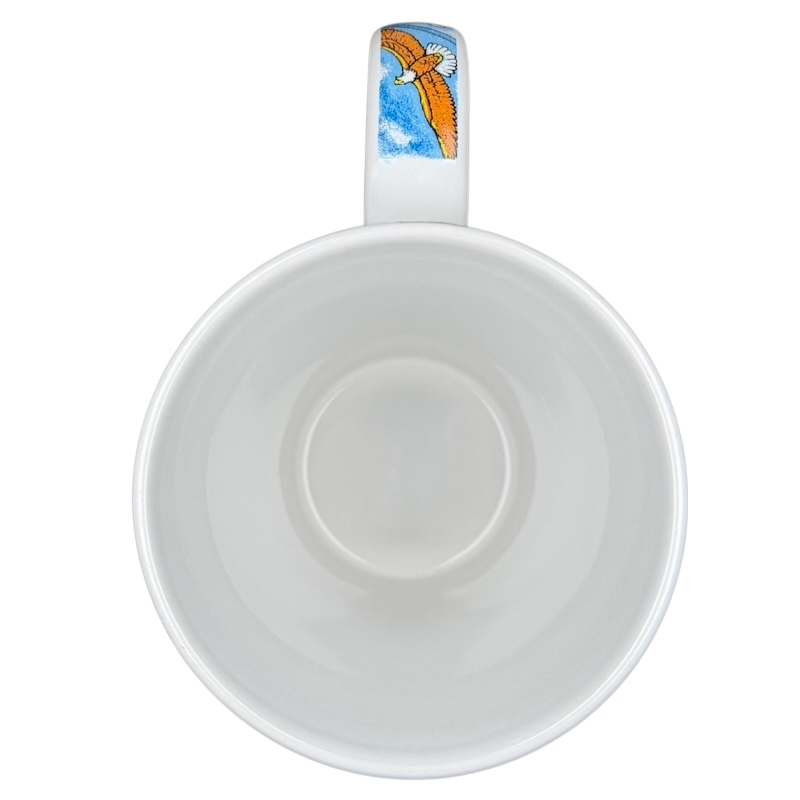 Top view of a white mug featuring Alaska Wildlife Landmark Collage Mug design with colorful handle art