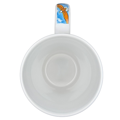 Top view of a white mug featuring Alaska Wildlife Landmark Collage Mug design with colorful handle art