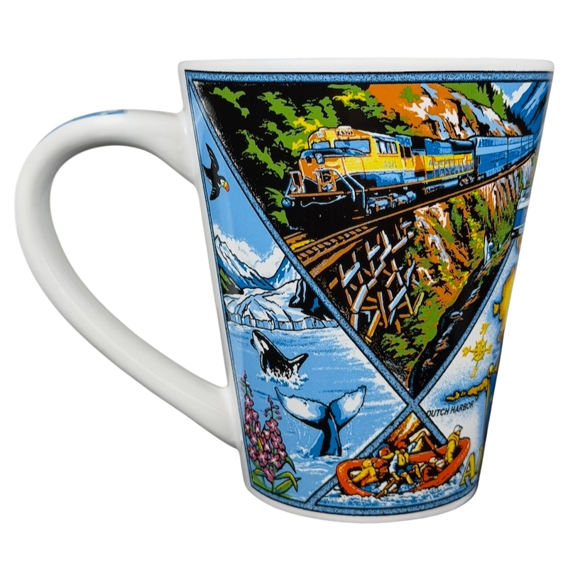 Alaska Wildlife Landmark Collage Mug featuring colorful images of wildlife, landscapes, and a train